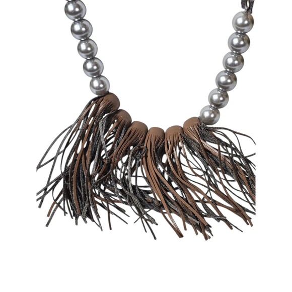 Plunder grey faux pearls leather fringe long Necklace Grunge Retro Art - Picture 7 of 8
